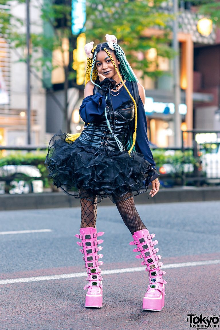 Harajuku Street Style w/ ACDC Rag Corset, Tulle Skirt, Tall Pink Demonia Boots &amp; Dolls Kill